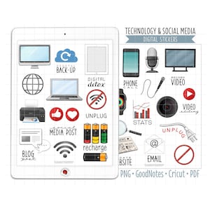 Op de afbeelding: Een set digitale stickers voor gebruik in digitale planners en notitie-apps. De stickers bevatten pictogrammen die gerelateerd zijn aan technologie en sociale media, zoals een computer, telefoon, microfoon en een afspeelknop. De stickers zijn in verschillende kleuren, waaronder rood, blauw, groen en zwart.