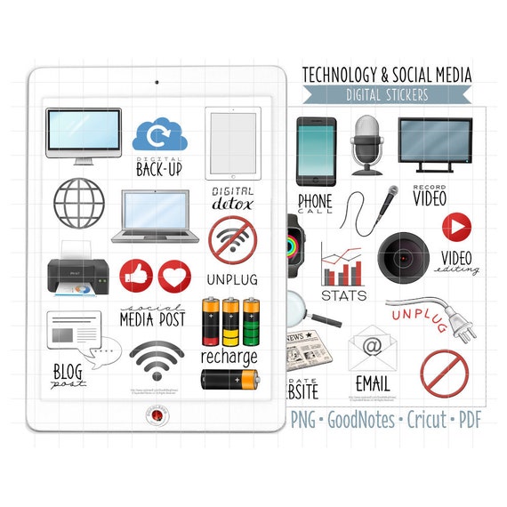 Technology Digital Planner Stickers - Social Media & Computer Icons (GoodNotes, PNG, Cricut, Printable PDF)