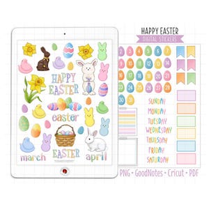 Easter Digital Planner Stickers Monthly Kit, Spring GoodNotes Stickers, Pre-Cropped PNG, Printable PDF, March April Holiday Journal Stickers