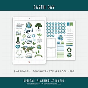Könnte beinhalten: Digitale Planer-Aufkleber zum Thema Earth Day. Die Aufkleber enthalten Illustrationen der Erde, Recycling-Symbole, Bäume und den Text "Earth Day" und "April 22". Die Aufkleber sind in Blau-, Grün- und Brauntönen gehalten.