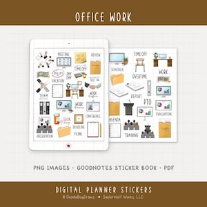 May include: Digital planner stickers with an office work theme. The image shows a tablet displaying various icons and text labels such as "Meeting", "Time Off", "Schedule", and "PTO". The stickers are designed for use in digital planners.