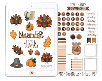 November Digital Planner Stickers - Thanksgiving Calendar Theme (GoodNotes, PNG, Cricut, Printable PDF)