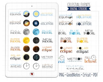 Himmlische Ereignisse Digitale Planer Aufkleber - Jahreszeiten und Mondphasen Kalender Symbole (GoodNotes, PNG, Cricut, Printable PDF)