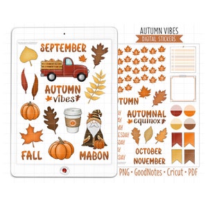 Autocollants d&#39;agenda numérique Autumn Vibes, kit mensuel de septembre, autocollants GoodNotes, PNG pré-recadré, PDF imprimable, autocollants de feuille d&#39;automne