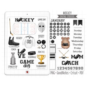 Hockey Digital Planner Stickers, Winter Sports Monthly Kit, GoodNotes Stickers, Pre-Cropped PNG, Printable PDF, Game Day Journal Stickers