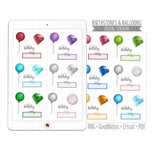 May include: Digital stickers featuring colorful balloons and gemstones with the text "Happy Birthday." The stickers are in various colors, including red, purple, green, blue, and silver. The image also includes the text "Birthstones & Balloons" and "Digital Stickers."