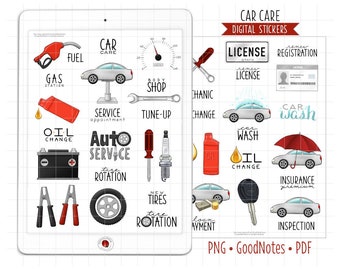 Adesivi per pianificatore digitale per la cura dell'auto, adesivi GoodNotes, PNG preritagliato, PDF stampabile, manutenzione del veicolo, adesivi del diario di servizio automatico