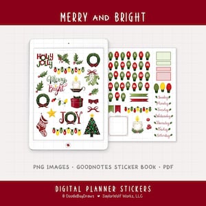 May include: Digital planner stickers with a Christmas theme. The stickers include holiday-themed graphics such as wreaths, lights, a Christmas tree, and the words "Merry and Bright" and "Joy". The stickers are displayed on a tablet.