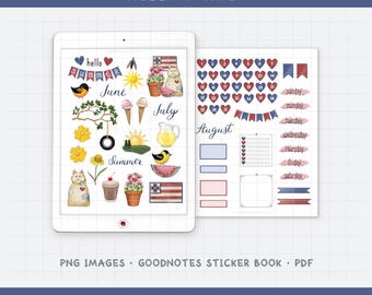 May include: A digital planner sticker set with a summer theme. The stickers include illustrations of ice cream, flowers, and a watermelon. The text "HELLO SUMMER" is at the top. The set includes PNG images, a GoodNotes sticker book, and a PDF.