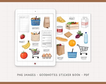 May include: Digital planner stickers with a grocery shopping theme. Includes illustrations of groceries, a shopping cart, a grocery list, and a receipt. The text includes "Grocery Shopping", "Groceries", "Market", and "Grocery".