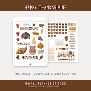 May include: Digital planner stickers with a Thanksgiving theme. The stickers include illustrations of pumpkins, turkey, pie, and leaves. The text "Happy Thanksgiving" and "November" are also included.