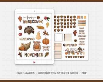Puede incluir: Pegatinas digitales para planificador con temática de Acción de Gracias. Las pegatinas incluyen ilustraciones de calabazas, pavo, pastel y hojas. También se incluye el texto "Happy Thanksgiving" y "November".