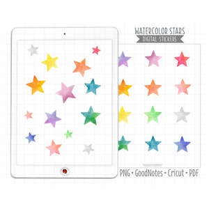 Watercolor Stars Digital Planner Stickers, GoodNotes Stickers, Pre-Cropped PNG, Printable PDF, Whimsical Stars, Celestial Journal Stickers