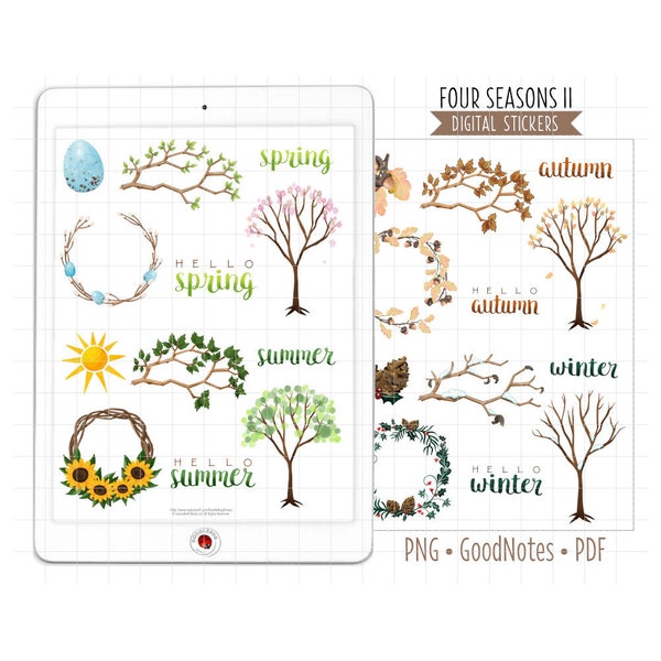 Four Seasons Trees and Wreaths Digital Planner Stickers, GoodNotes Stickers, Pre-Cropped PNG, Printable PDF, Seasonal Journal Stickers