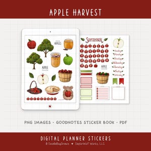 May include: Digital planner stickers with an apple harvest theme. The image includes illustrations of apples, trees, a basket of apples, and a September calendar. The text includes "Apple Harvest", "Pick Apples", and "Apple Picking".