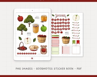 Puede incluir: Pegatinas digitales para planificador con temática de cosecha de manzanas. La imagen incluye ilustraciones de manzanas, árboles, una cesta de manzanas y un calendario de septiembre. El texto incluye "Apple Harvest", "Pick Apples" y "Apple Picking".
