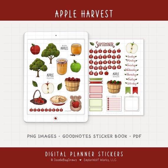 Apple Picking - September Monthly Digital Planner Sticker Kit - Seasonal Calendar Theme (PNG, GoodNotes, PDF)
