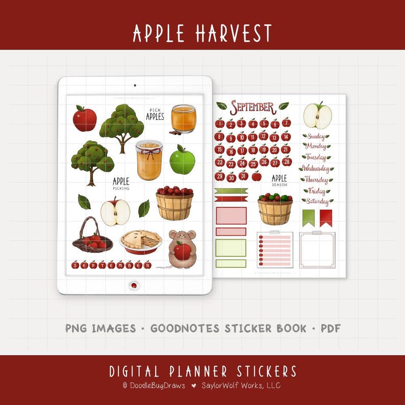 Puede incluir: Pegatinas digitales para planificador con tem&aacute;tica de cosecha de manzanas. La imagen incluye ilustraciones de manzanas, &aacute;rboles, una cesta de manzanas y un calendario de septiembre. El texto incluye "Apple Harvest", "Pick Apples" y "Apple Picking".