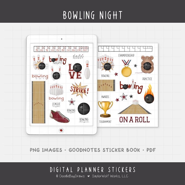 Bowling Night Digital Planner Stickers - League Sports Icons (PNG, GoodNotes, PDF)