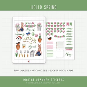 May include: Digital planner stickers with a spring theme. The stickers include bunnies, birds, flowers, gardening tools, and banners. The text includes "Hello Spring", "March", "April", and "May". The stickers are in shades of green, pink, and brown.