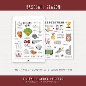 May include: Digital planner stickers with a baseball theme. The stickers include baseball bats, balls, gloves, and text such as "Home Run", "Game Day", and "Play Ball". The stickers are in PNG format and are designed for use in GoodNotes.