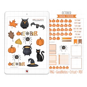 October Digital Planner Stickers Monthly Kit, Halloween GoodNotes Stickers, Pre-Cropped PNG, Printable PDF, Fall Holiday Journal Stickers