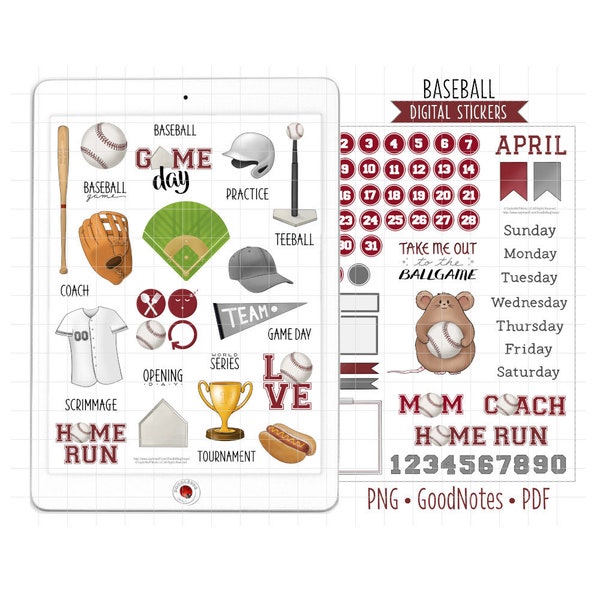 Baseball Digital Planner Stickers, Sports Monthly Kit, GoodNotes Stickers, Pre-Cropped PNG, Printable PDF, Teeball Game Day Journal Stickers