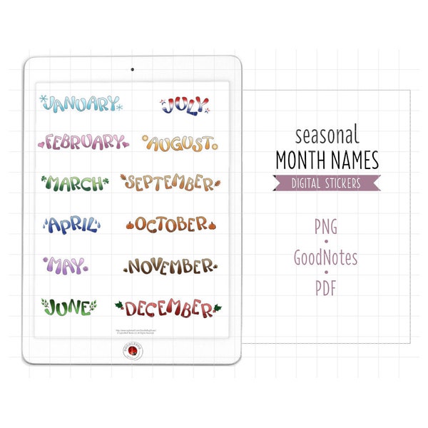 Month Names Digital Planner Stickers, GoodNotes Stickers, Pre-Cropped PNG, Printable PDF, Monthly Calendar Headers, Journal Stickers