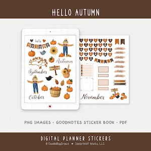 Può includere: Adesivi digitali per planner a tema autunnale. Gli adesivi includono zucche, spaventapasseri, girasoli e il testo "Hello Autumn", "September", "October" e "November". Gli adesivi sono visualizzati su un tablet.
