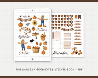Hello Autumn Monthly Digital Planner Sticker Kit for September, October, & November (PNG, GoodNotes, PDF)
