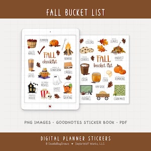 May include: Digital planner stickers with a fall bucket list theme. The image shows a tablet with a checklist of fall activities, including pumpkins, bonfires, and corn mazes. The text "Fall Bucket List" is displayed.