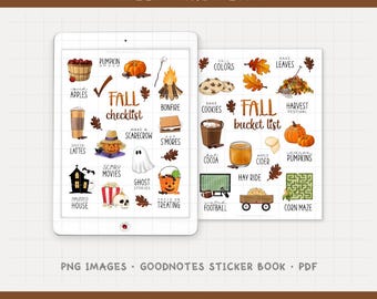 Digitale plannerstickers herfstbucketlist - leuke pictogrammen voor seizoensactiviteiten (PNG, GoodNotes, pdf)