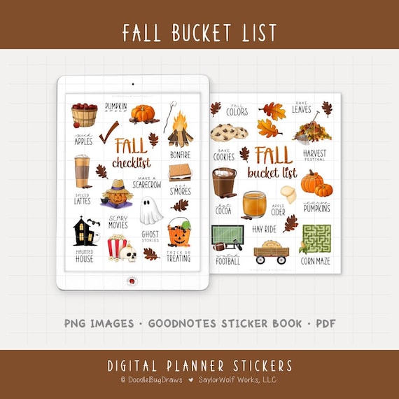 Fall Bucket List Digital Planner Stickers - Fun Seasonal Activity Icons (PNG, GoodNotes, PDF)