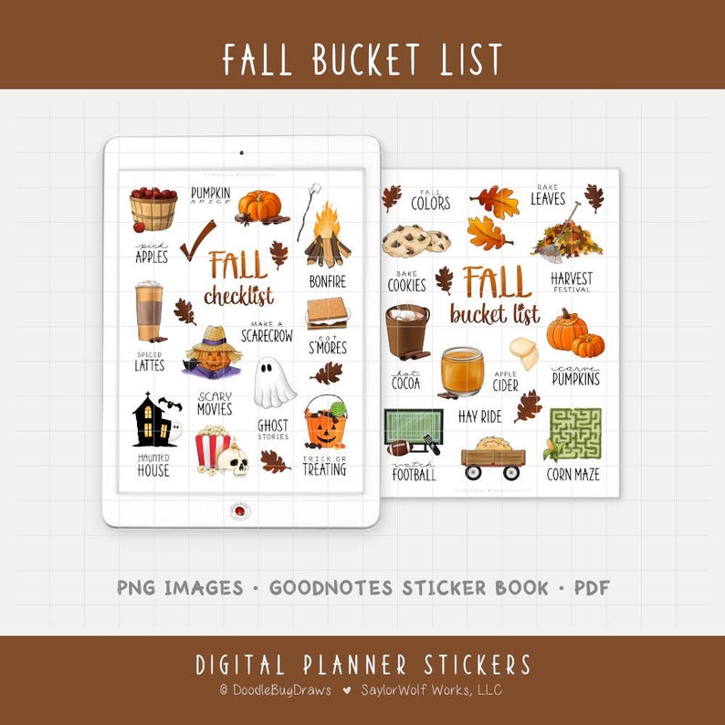 May include: Digital planner stickers with a fall bucket list theme. The image shows a tablet with a checklist of fall activities, including pumpkins, bonfires, and corn mazes. The text "Fall Bucket List" is displayed.