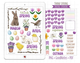 Think Spring Digital Planner Stickers, March Monthly Kit, GoodNotes Stickers, Pre-Cropped PNG, Printable PDF Vernal Equinox Journal Stickers