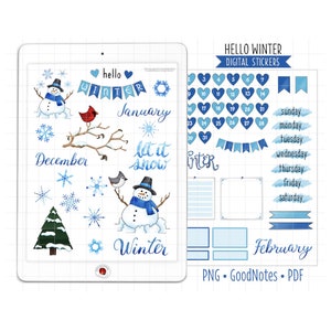 Winter Digital Planner Stickers, December Monthly Kit, GoodNotes Stickers, Pre-Cropped PNG, Printable PDF, Snowflakes Journal Stickers image 1