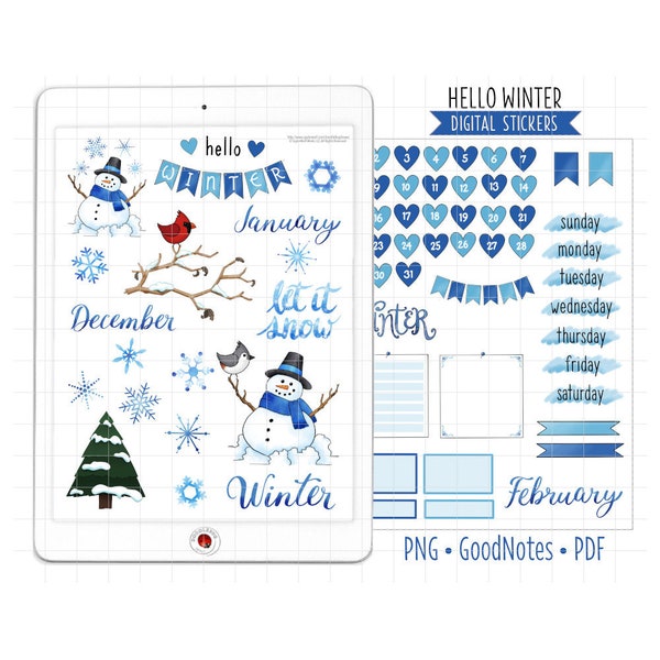 Adesivi per pianificatore digitale invernale, kit mensile di dicembre, adesivi GoodNotes, PNG preritagliato, PDF stampabile, adesivi per diario con fiocchi di neve