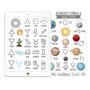 Naklejki do cyfrowego planera z planetami i glifami astrologicznymi, naklejki GoodNotes, wstępnie przycięte pliki PNG, pliki PDF do druku, symbole zodiaku, naklejki do dziennika