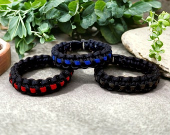 Survival Paracord Bracelet, Thin Blue Line, Thin Red Line, Thin Green Line, Law Enforcement  / Firefighter / Military Support Bracelet
