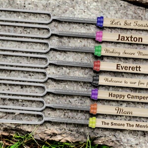 Laser Engraved Smores Skewers, Personalized Extendable Marshmallow Roasting Sticks / Rods, Hot Dog Fork, Backyard BBQ, Camping, Fire Pit