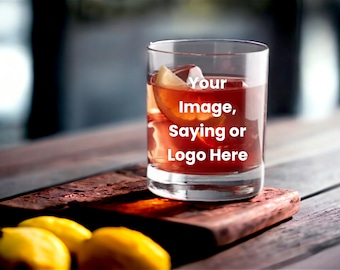May include: A clear glass tumbler with a red drink and a lemon wedge. The glass has the text "Your Image, Saying or Logo Here" printed on it.