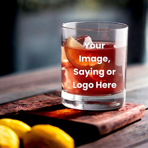 Personalized Laser Engraved Rocks Glass, Whiskey / Old Fashioned / Cocktail Glass, Your Image Saying or Logo, Business Promo, Gift, Wedding