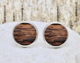 brown wood Print Cabochon Earring "Wood" - unique gift ideas by CrystalsAndPearlsIH