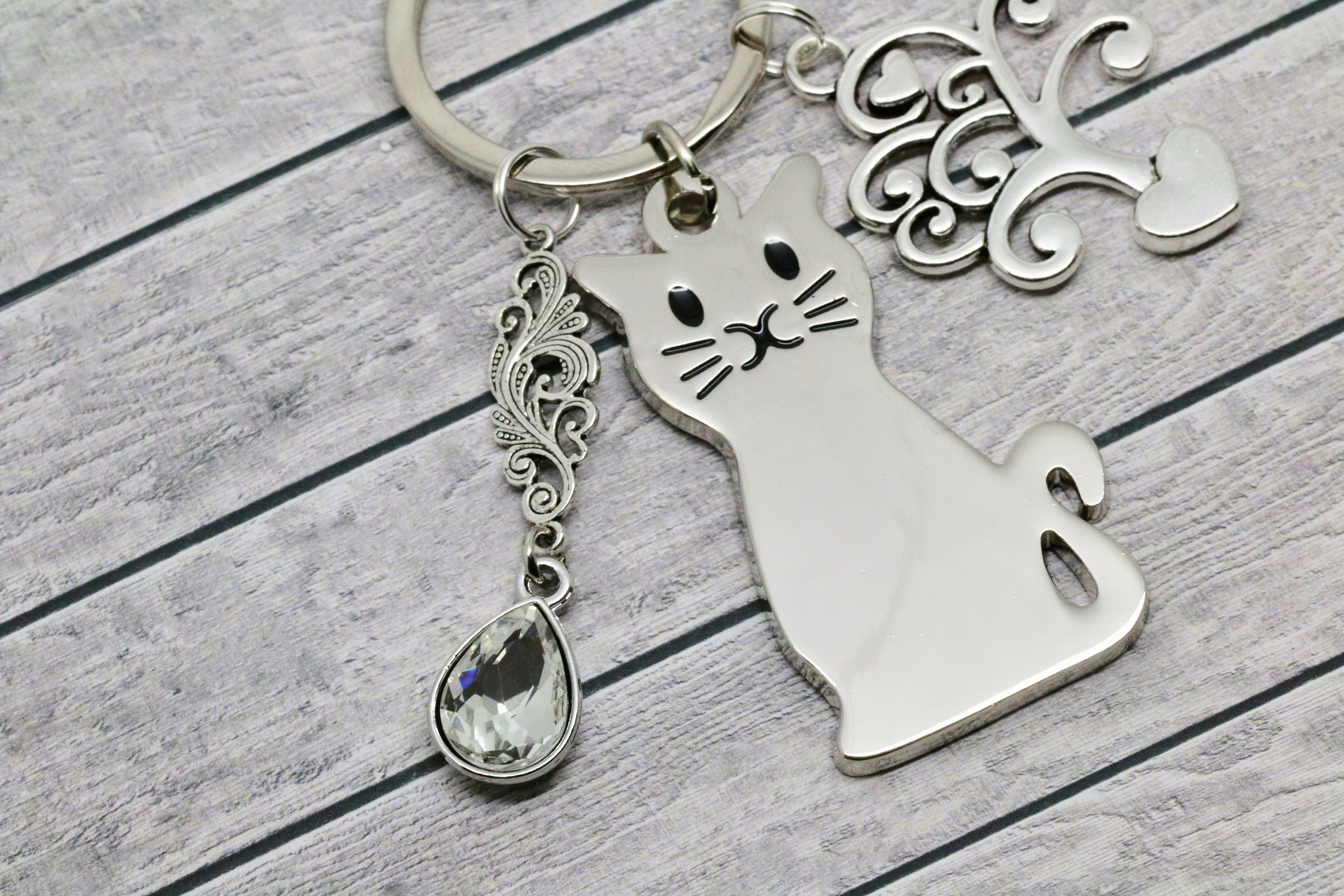 Cat keyring keypendant cat with 2 charms unique gift Etsy