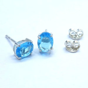 Swiss Blue Topaz Oval Silver Stud Earrings, Handmade Jewelry, Tiny Stud Earrings, Minimalist Earrings