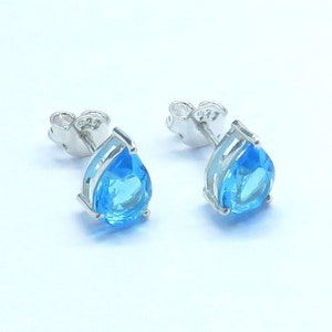 Swiss Blue Topaz Pear Silver Stud Earrings, Handmade Jewelry, Tiny Stud Earrings, Minimalist Earrings
