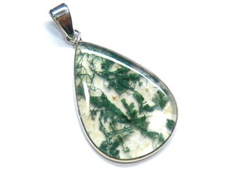 Moos Achat Halskette, echtes Moos Achat Anhänger, Sterling Silber Moos Achat Birne Cabochon
