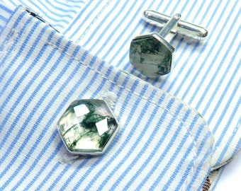 Moss Agate 12x12 mm Hexagon Shape Checker Cut Cufflinks, Sterling Silver Cufflinks, Groomsmen Cufflinks, Unisex Cufflinks