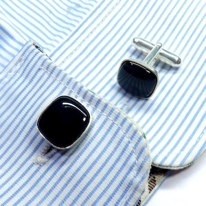 Black Onyx 12x12 mm Cushion Shape Cabochon Cufflinks, Sterling Silver Cufflinks, Groomsmen Cufflinks, Unisex Cufflinks