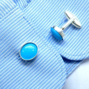Gemelos de turquesa de la Bella Durmiente con cabujón ovalado de 10 x 12 mm, gemelos de plata de ley, gemelos de padrino de boda, gemelos unisex